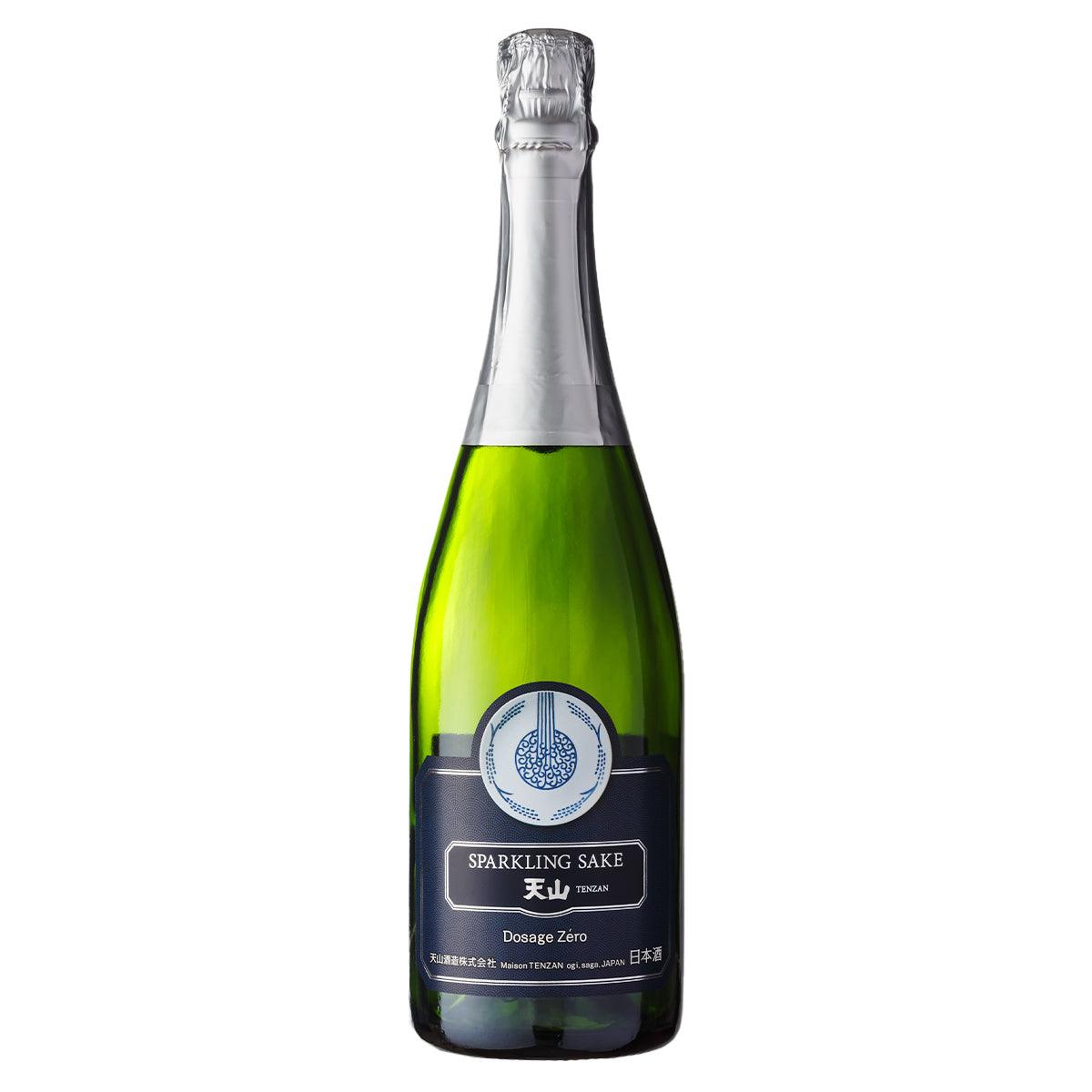 TENZAN AWA sparkling sake bottle with foil crown, green glass, dark label