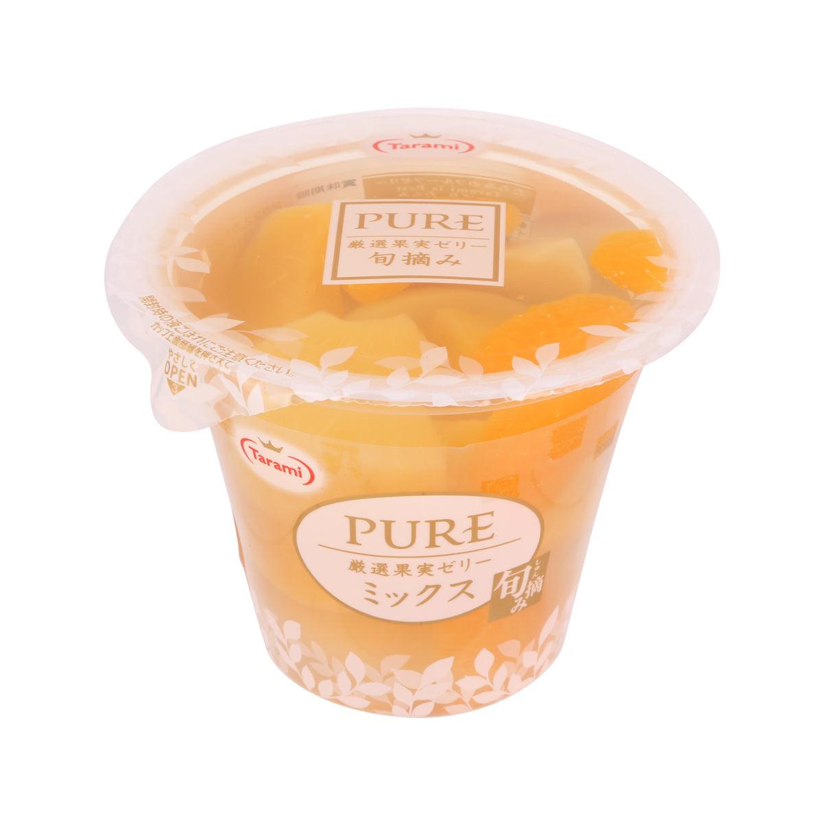 Tarami mixed fruit jelly cup with lid, PURE label on orange jelly