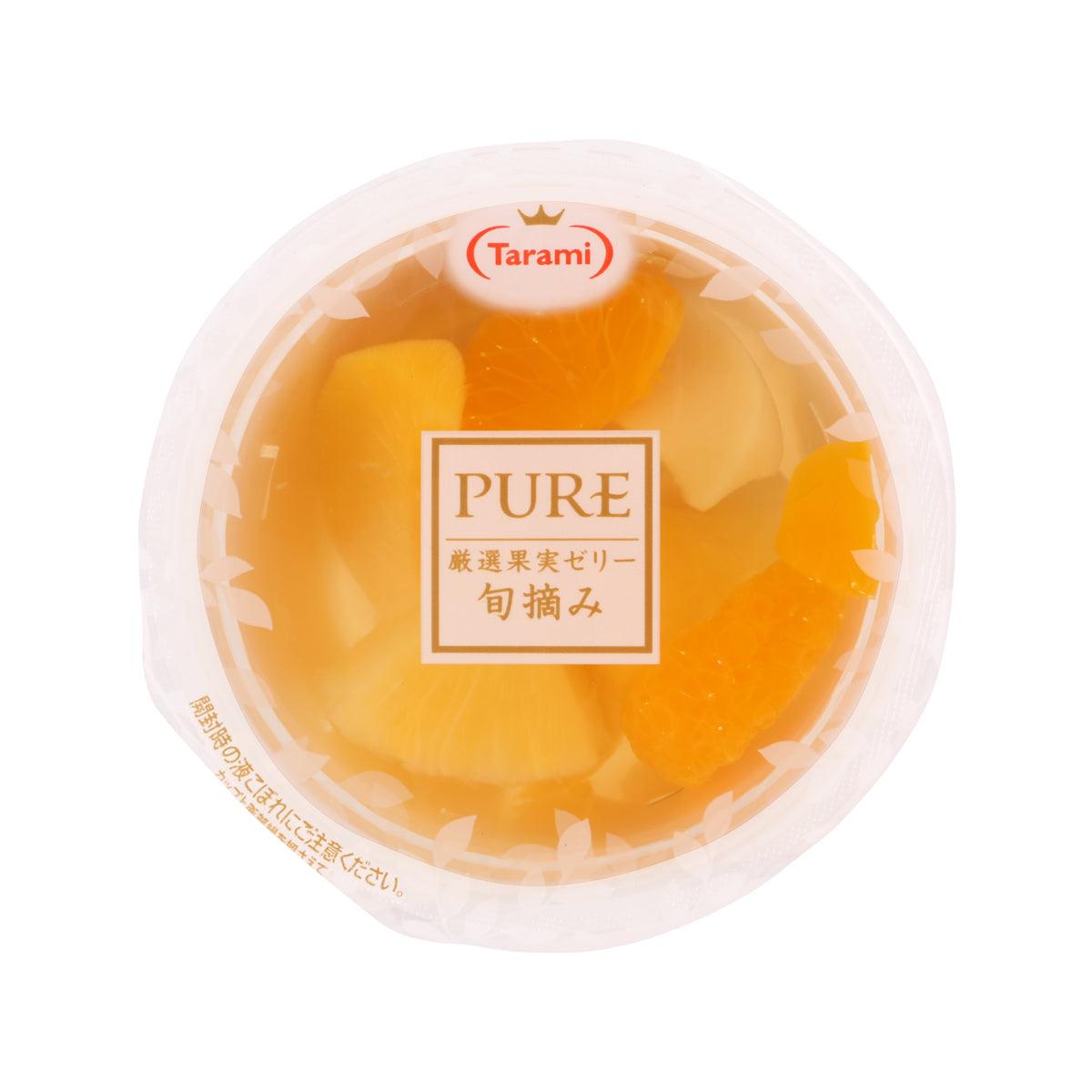 Tarami mixed fruit jelly cup top view with orange jelly and fruit pieces