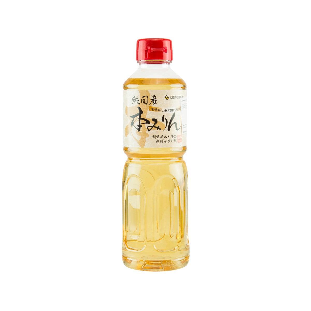 Japanese hon mirin bottle, 500 mL, red cap, clear golden liquid