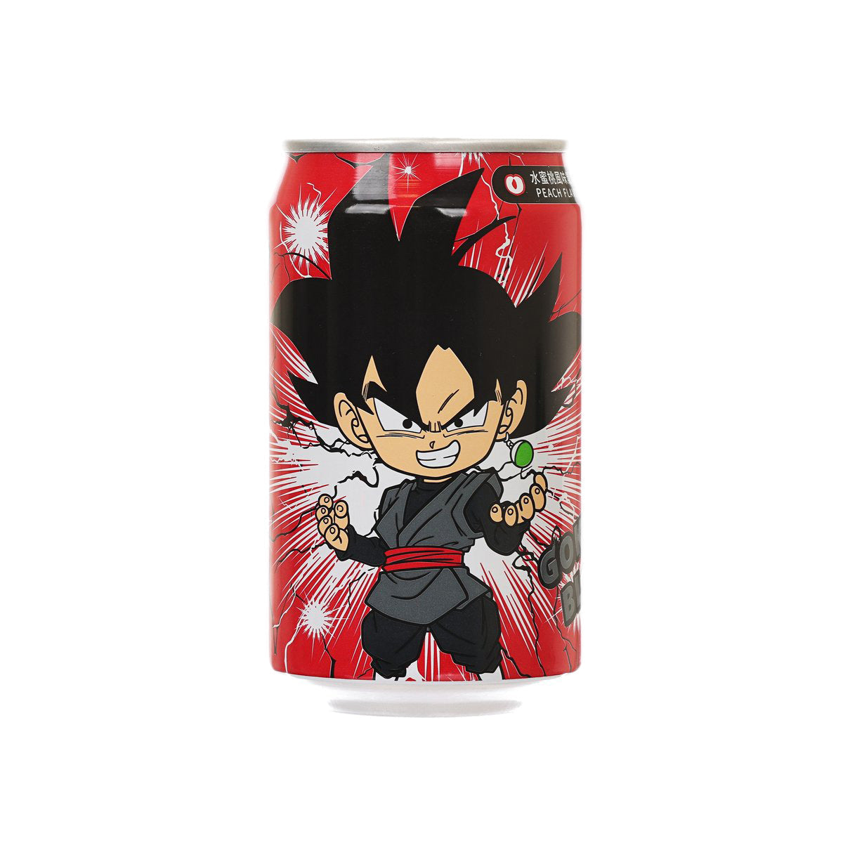 Red sparkling water can with illustrated character graphic and burst pattern