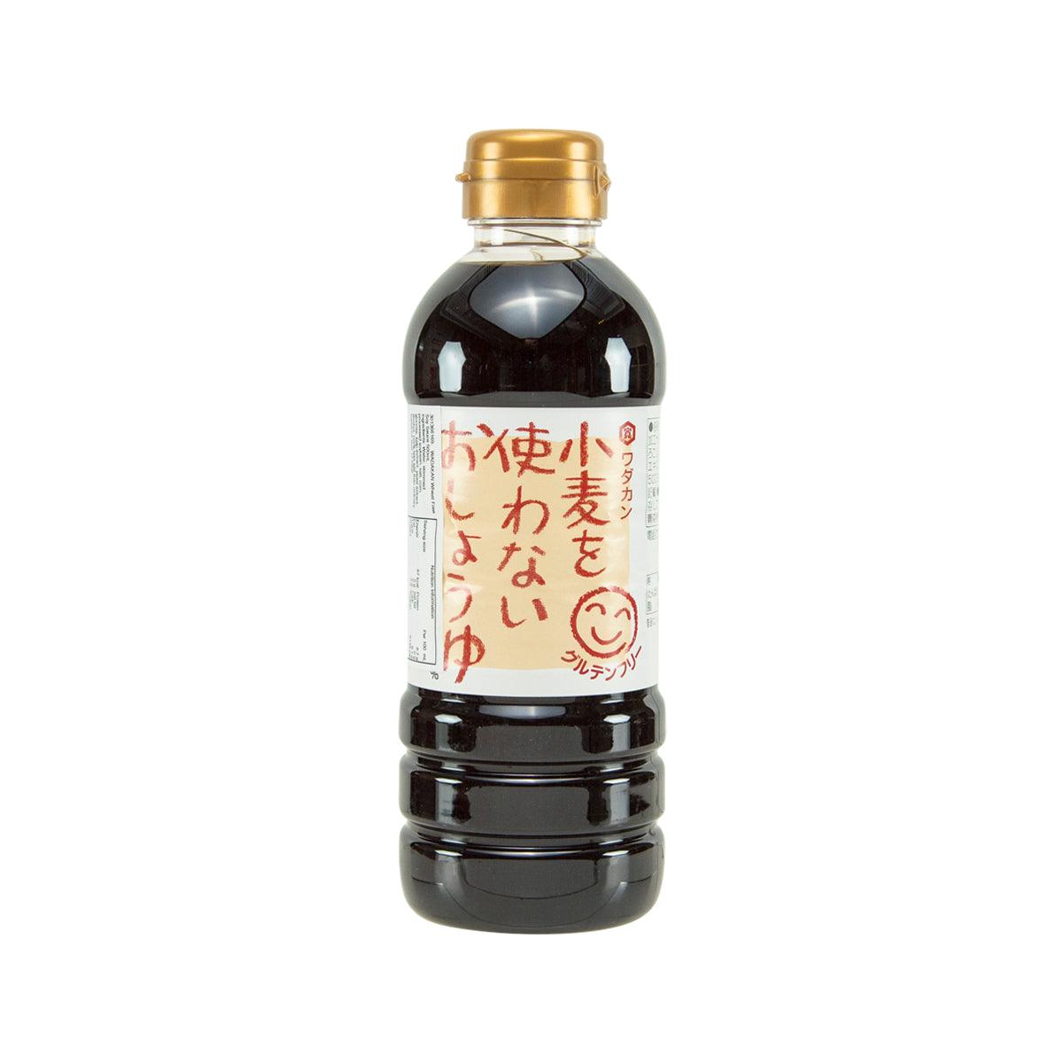 Wheat-free soy sauce bottle with dark brown liquid and gold cap