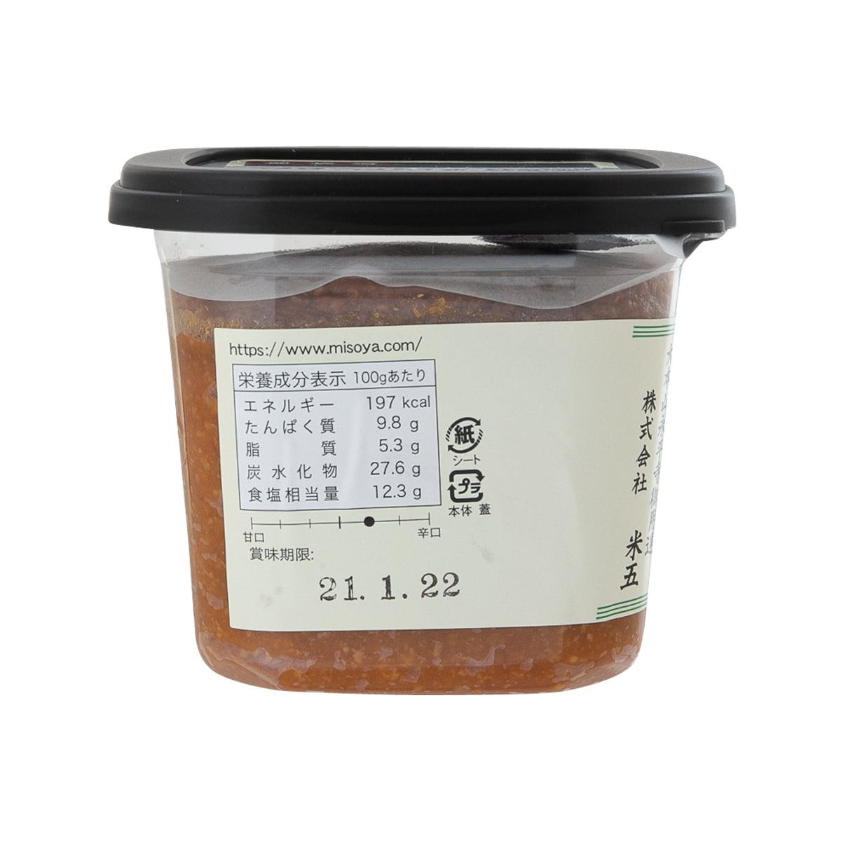 Miso paste tub back label with ingredient and date details on white information panel.