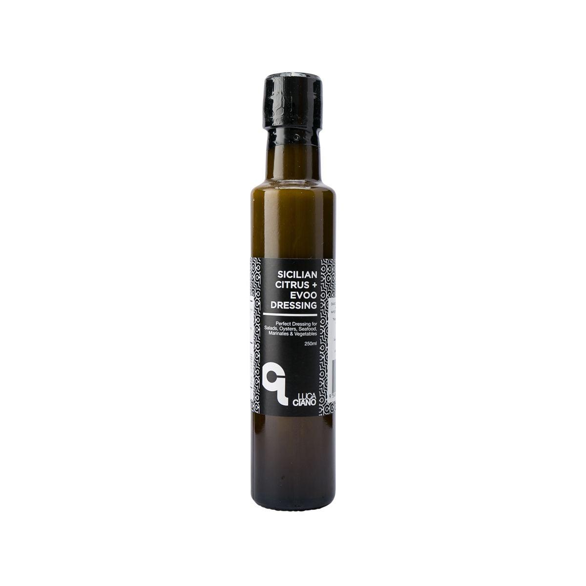 Citrus EVOO dressing bottle with black cap and front label