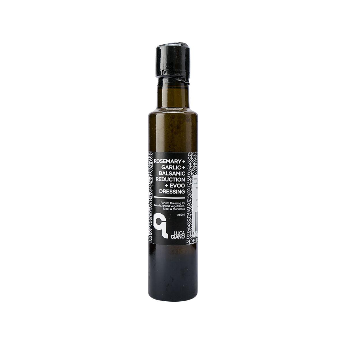 Rosemary garlic balsamic dressing bottle with black cap, dark glass