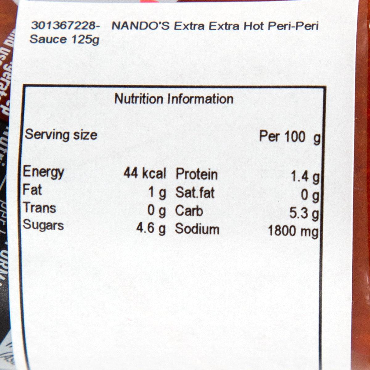 Nutrition information panel for NANDO'S Extra Extra Hot Peri-Peri sauce, per 100 g