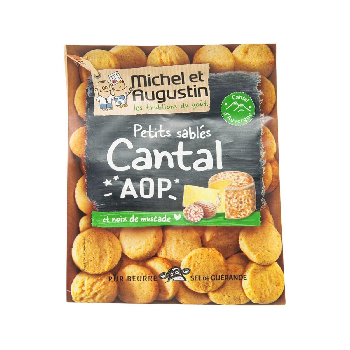 Savory shortbread cookies package showing Cantal AOP label and round biscuits