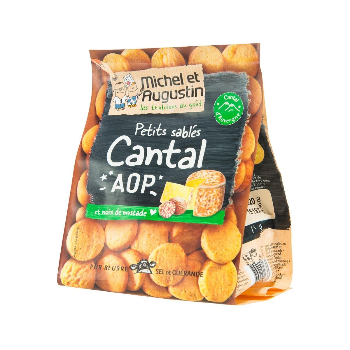 Savory shortbread cookies bag with Cantal AOP branding and green nutmeg text