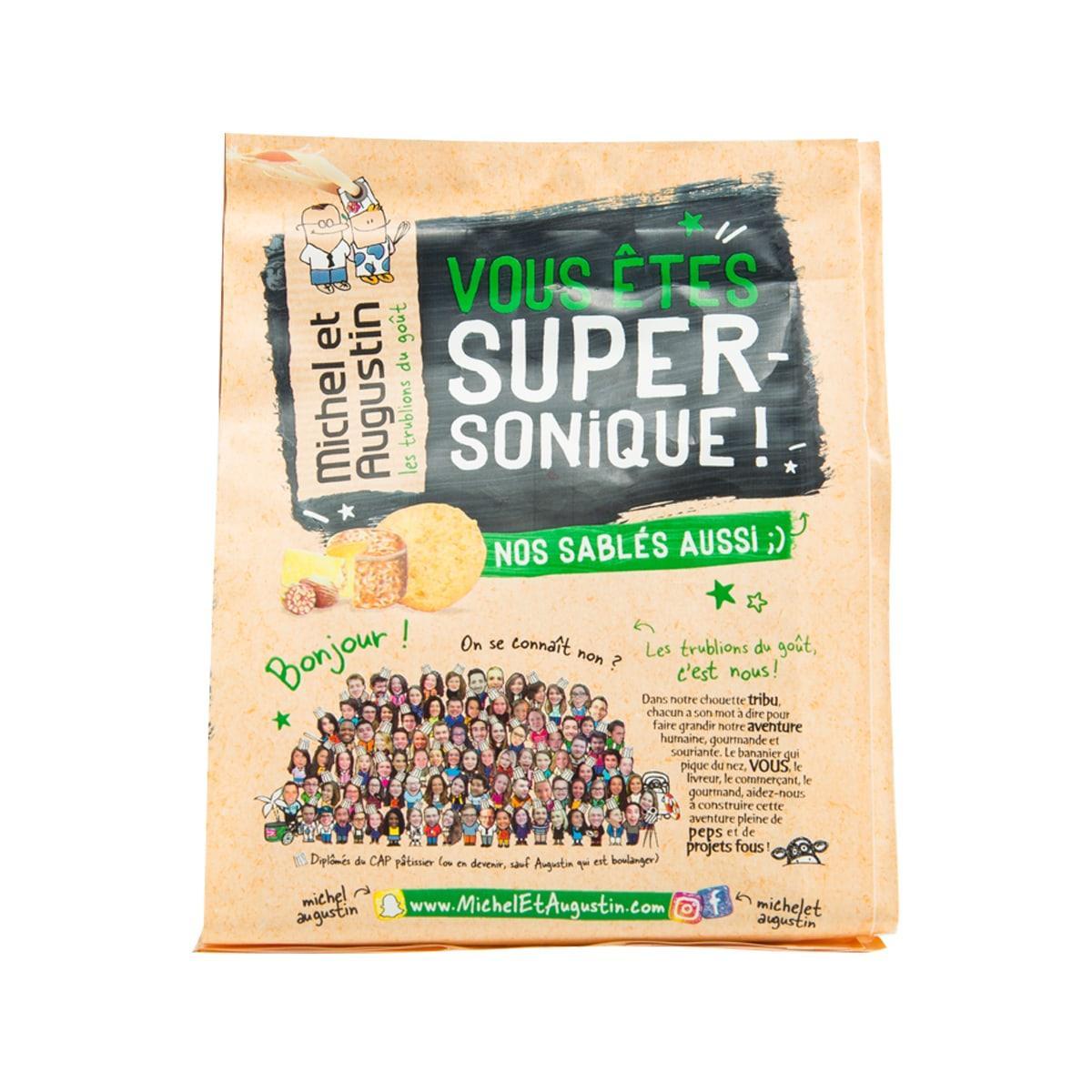 Savory shortbread cookies package back with green headline and crowd illustration