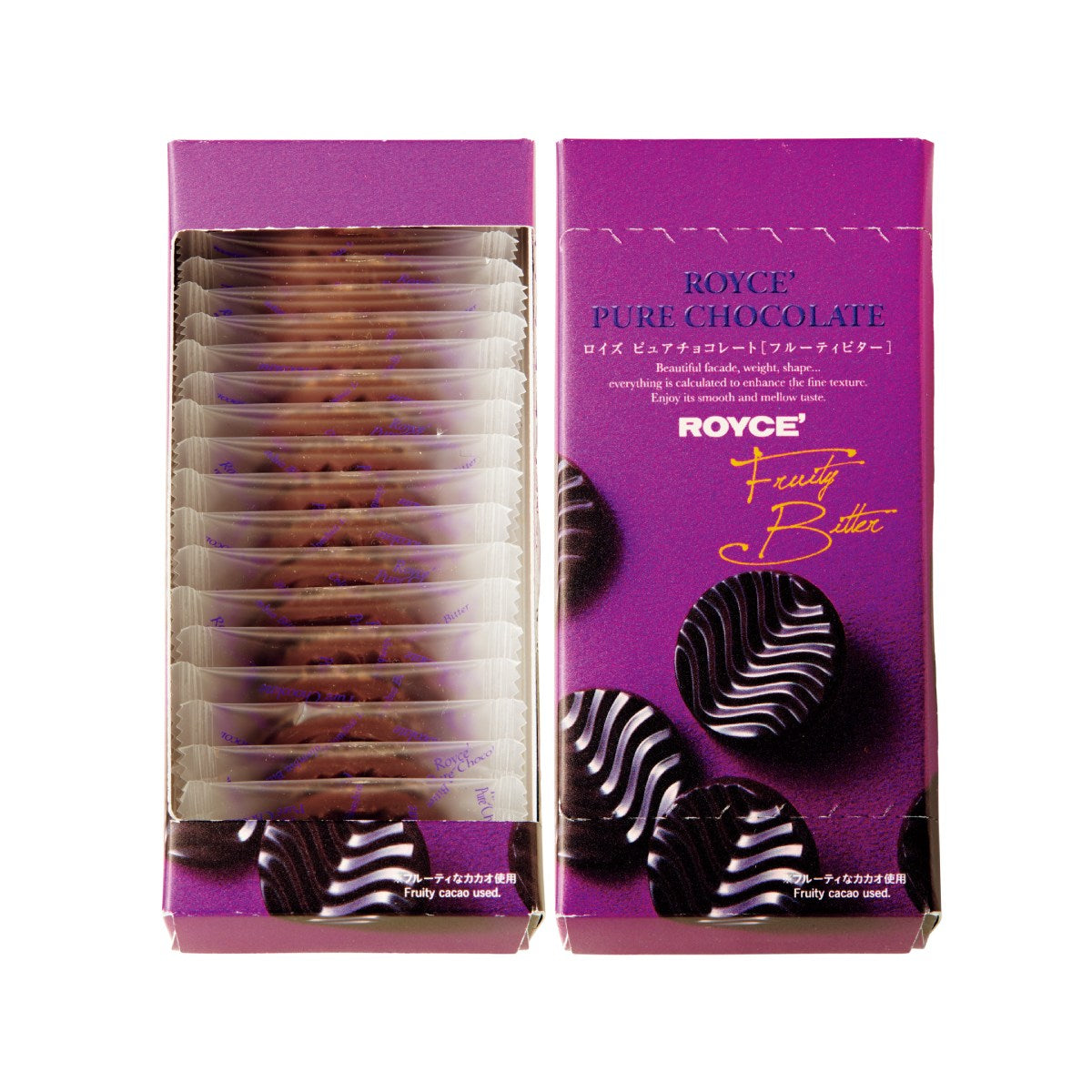 Purple Royce boxed chocolates, assorted dark chocolate pieces with swirl coating