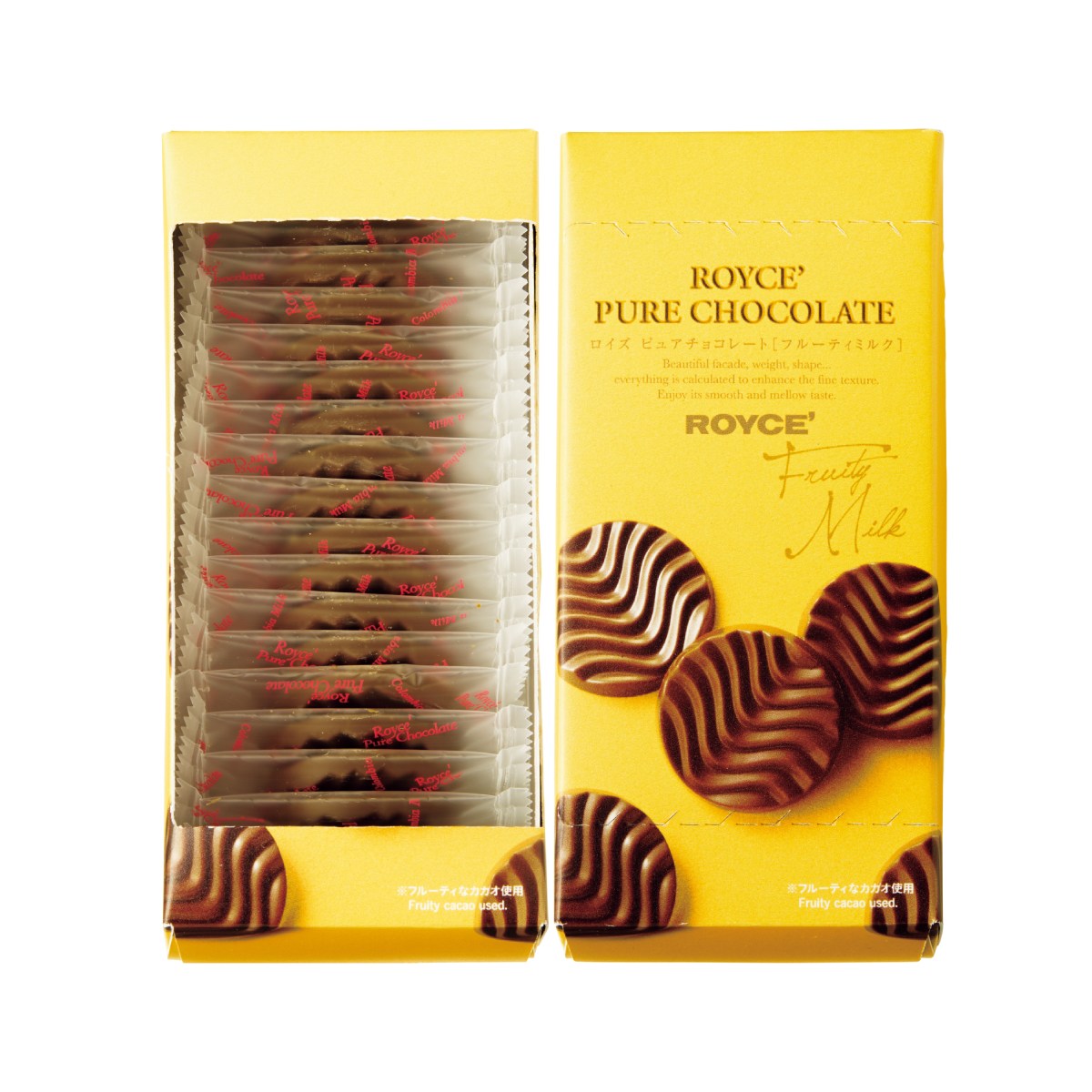 ROYCE' fruity milk pure chocolate box, with assorted chocolate pieces shown inside pack