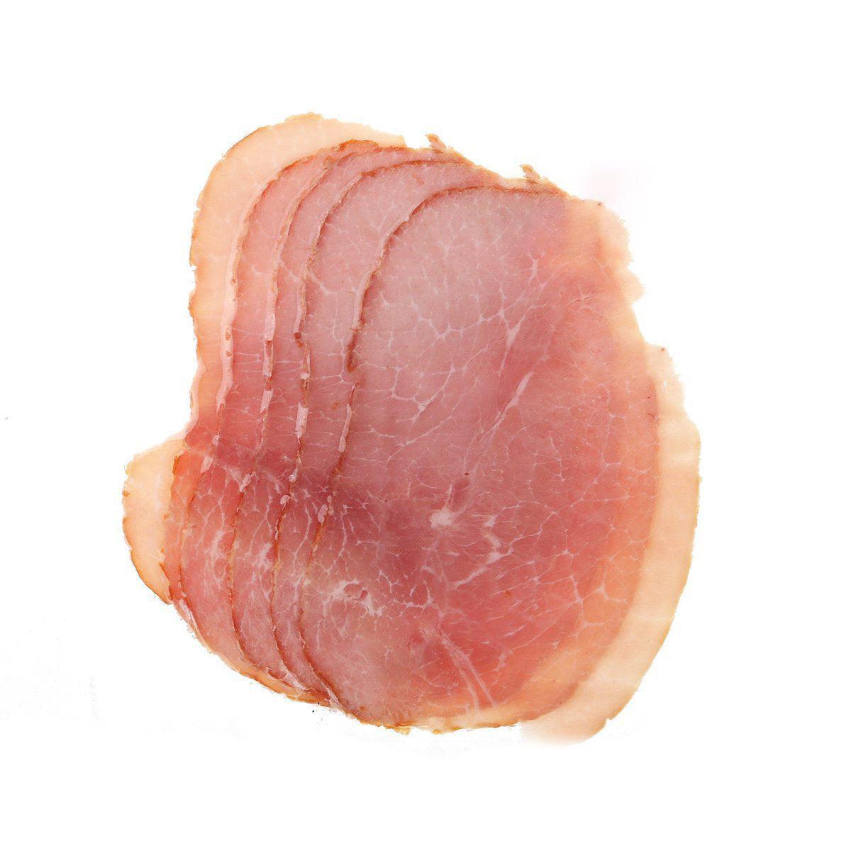 Uncured wildflower honey and maple ham slice, pink cured meat with rind