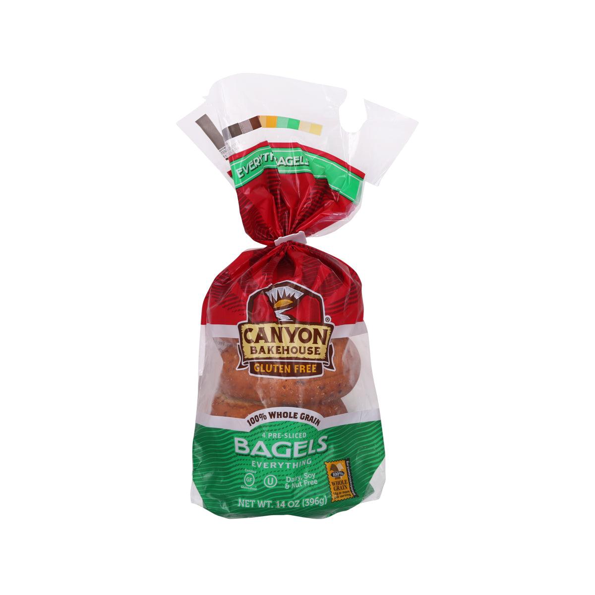 Gluten-free everything bagels in plastic bag with green label