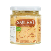 SMILEAT organic baby food jar, chicken & rice 230g, front label with chicken illustration