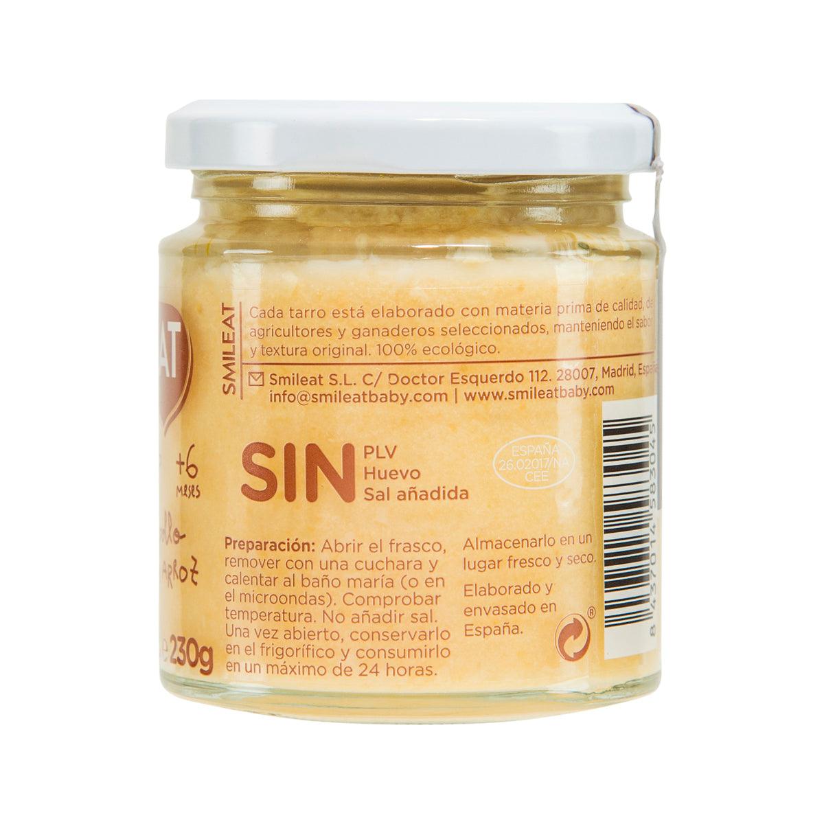 SMILEAT organic baby food jar, chicken & rice 230g, back label with directions