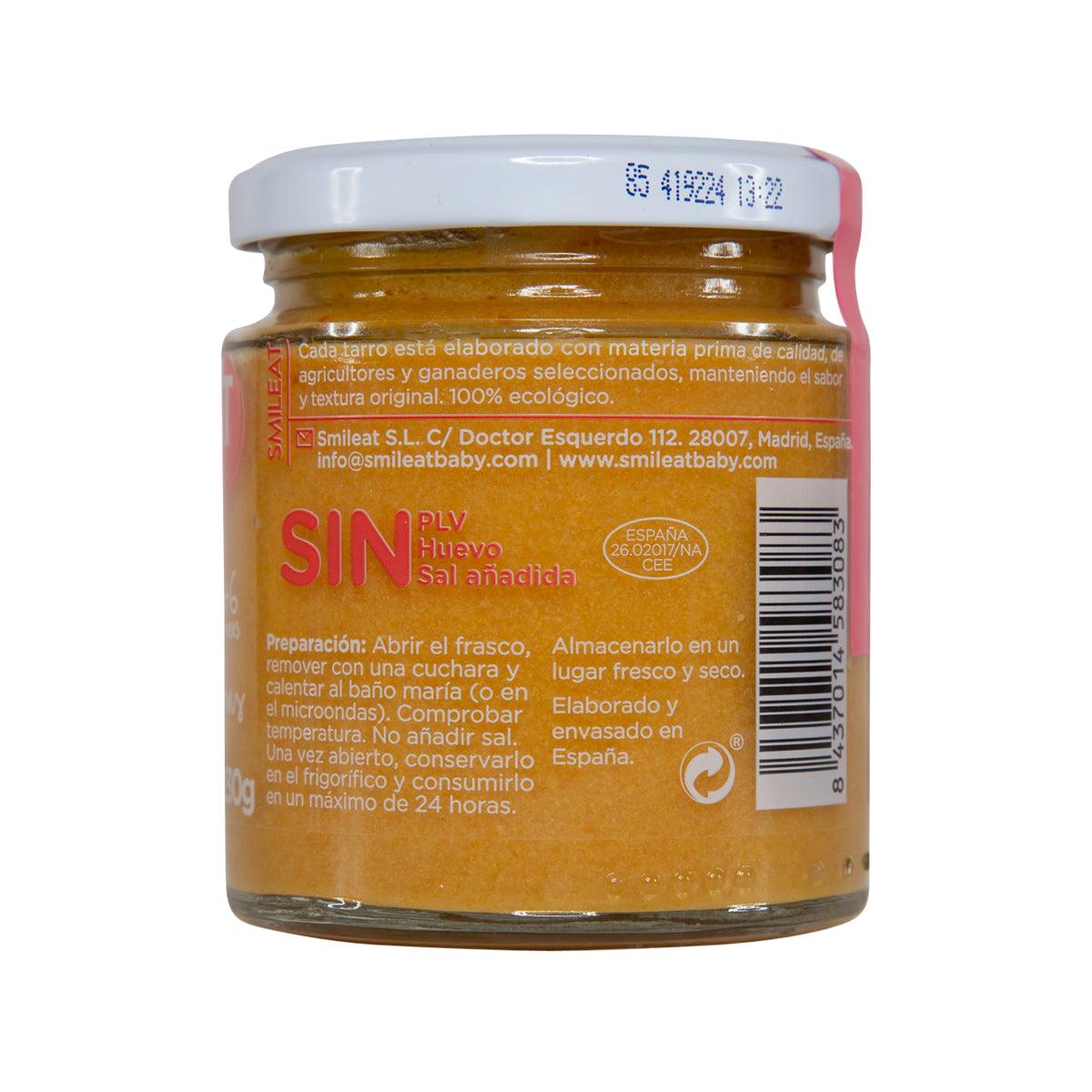 Smileat organic baby food jar back label, vegetables and turkey, 230g