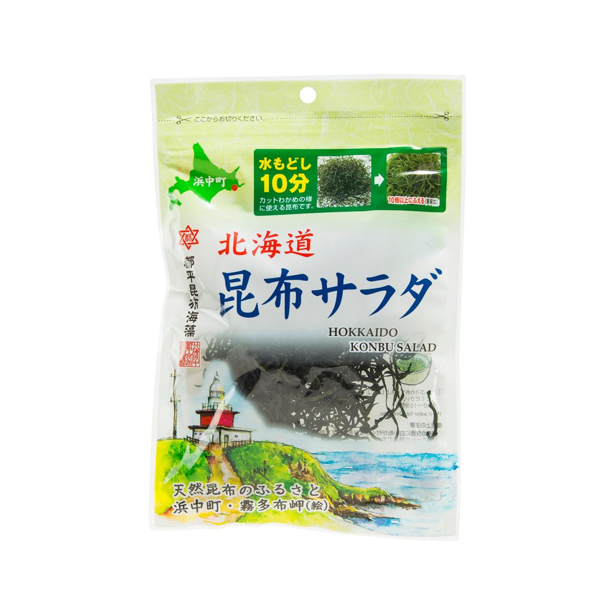 Shredded Hokkaido kelp salad in a clear resealable pouch with dark green seaweed