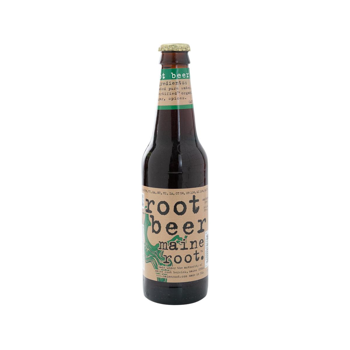 MAINE ROOT root beer bottle, dark glass with cork cap and paper label