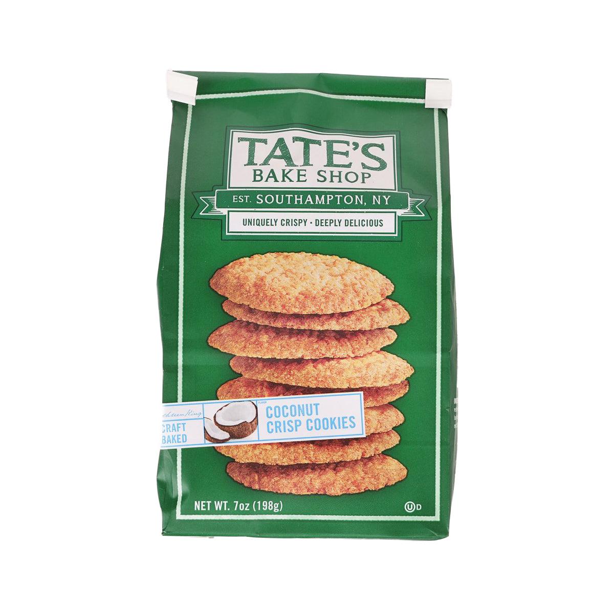TATE'S Coconut Crisp Cookies bag (198g) with coconut cookie illustration.