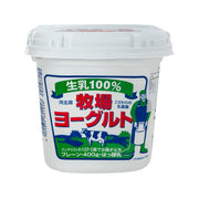 HORIMILK plain yogurt tub, white plastic cup with blue-green label and white lid