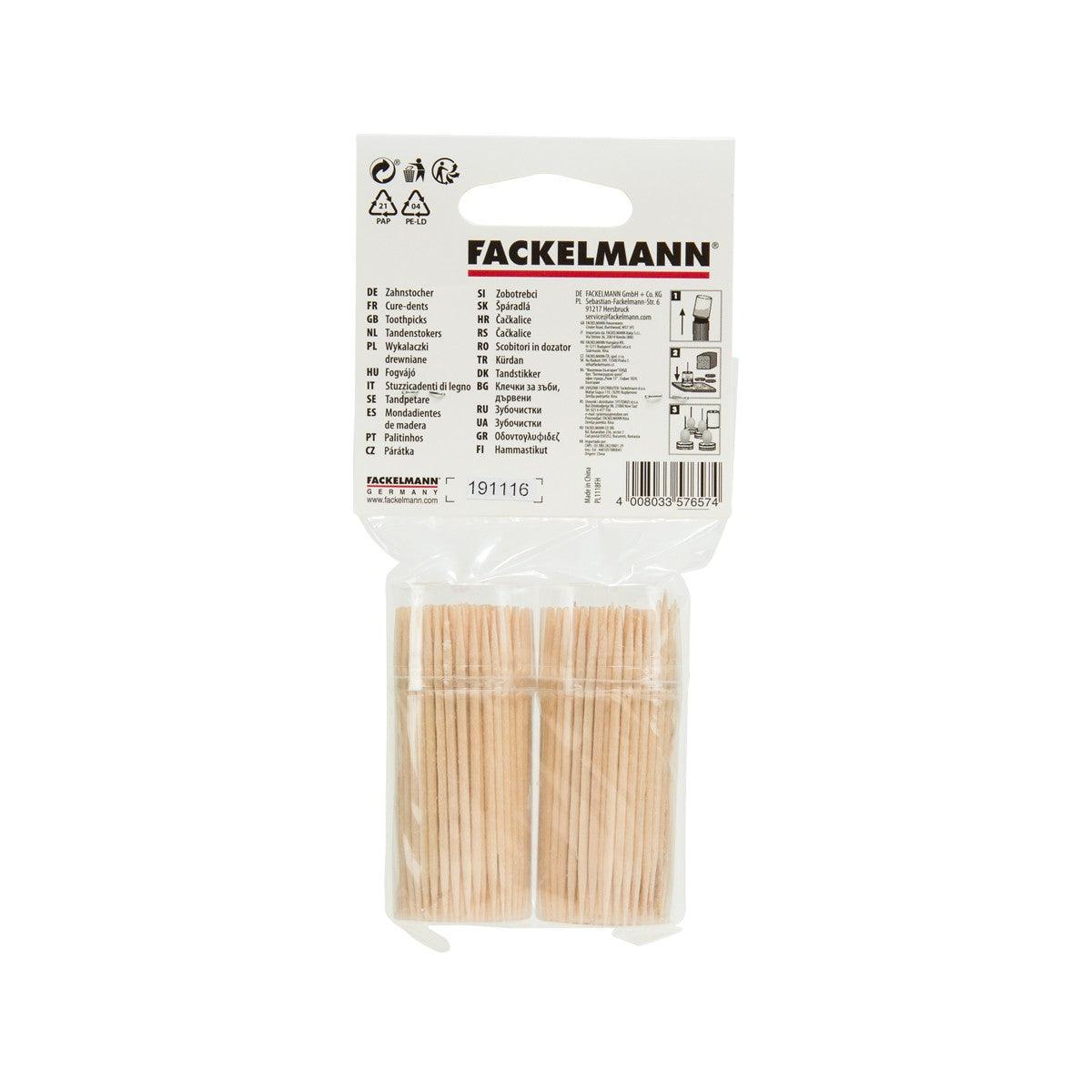 Wooden toothpick multipack back view with product info, FACKELMANN pouch