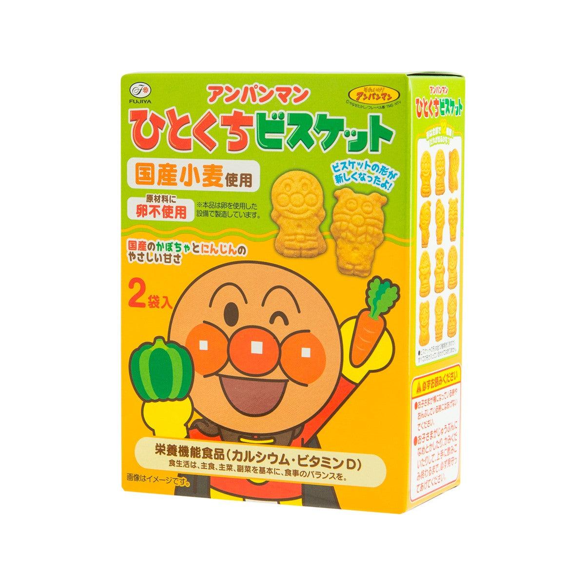 FUJIYA Anpanman biscuit box side view, orange and green cartoon design