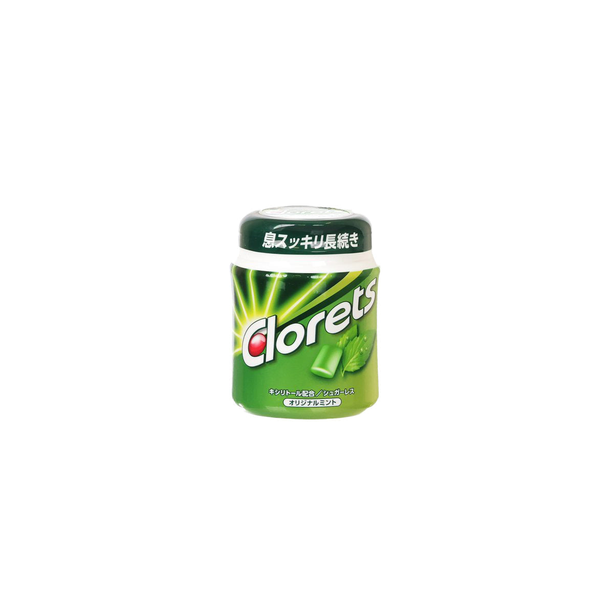 Clorets original mint chewing gum jar, green container with cap and mint leaf graphics.