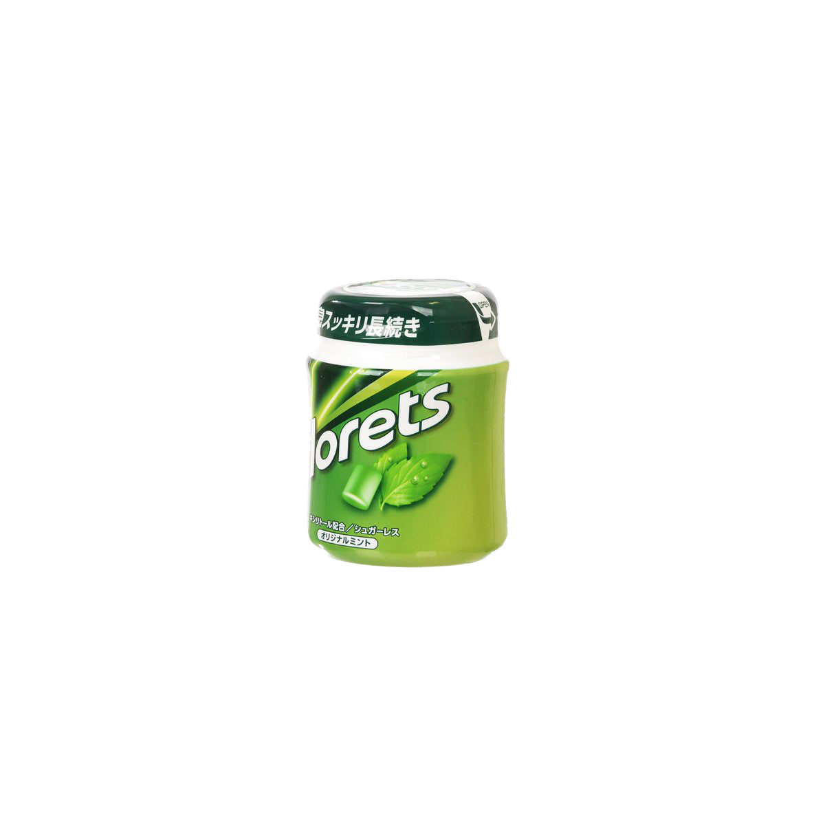 Clorets original mint chewing gum jar, green cylindrical package with front logo and leaf.
