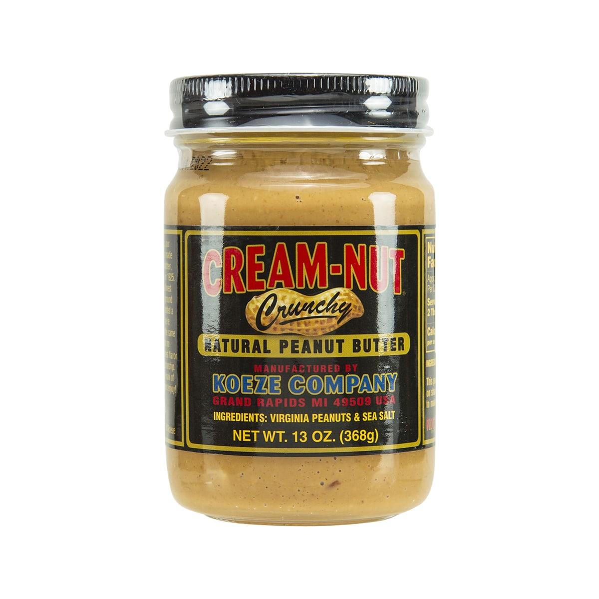 Crunchy natural peanut butter jar with black lid, net wt 13 oz (368 g)
