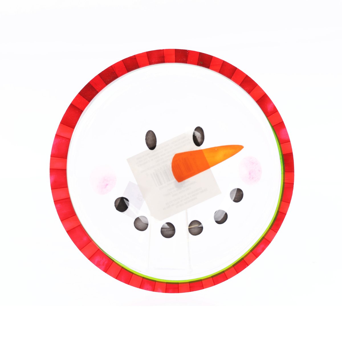Christmas plastic bowl with red striped rim and snowman face print