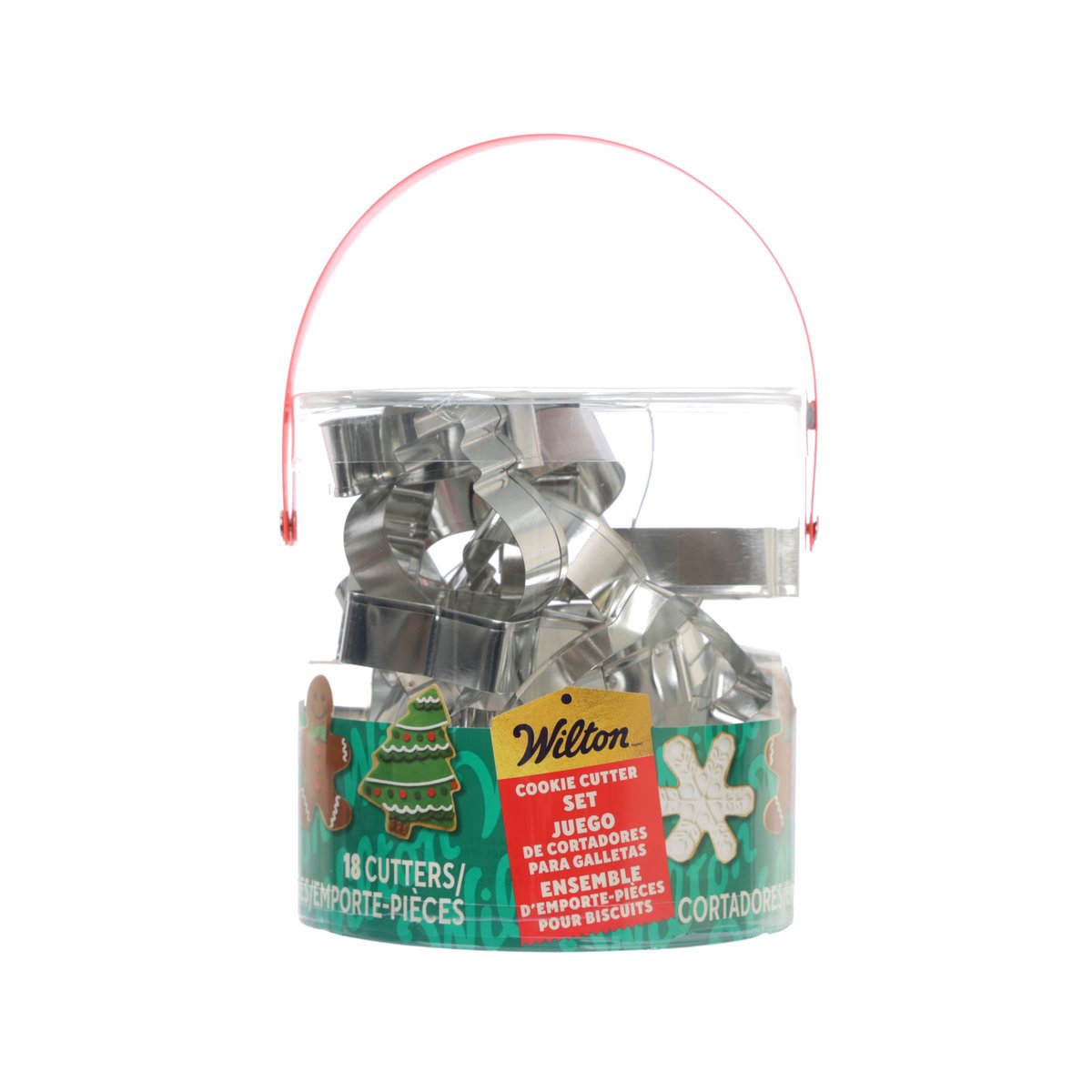 WILTON holiday metal cookie cutter set in clear handle bucket, 18 cutters included