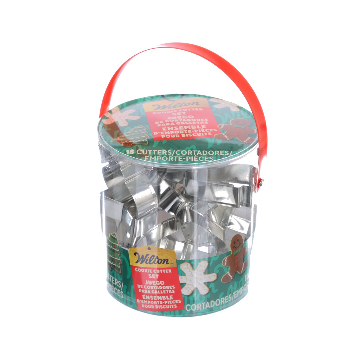 WILTON holiday metal cookie cutter set with red handle, clear bucket of 18 cutters