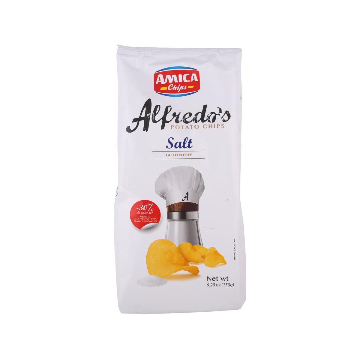 Alfredo's potato chips salt bag, 5.29 oz (130g), AMICA logo, chip graphics