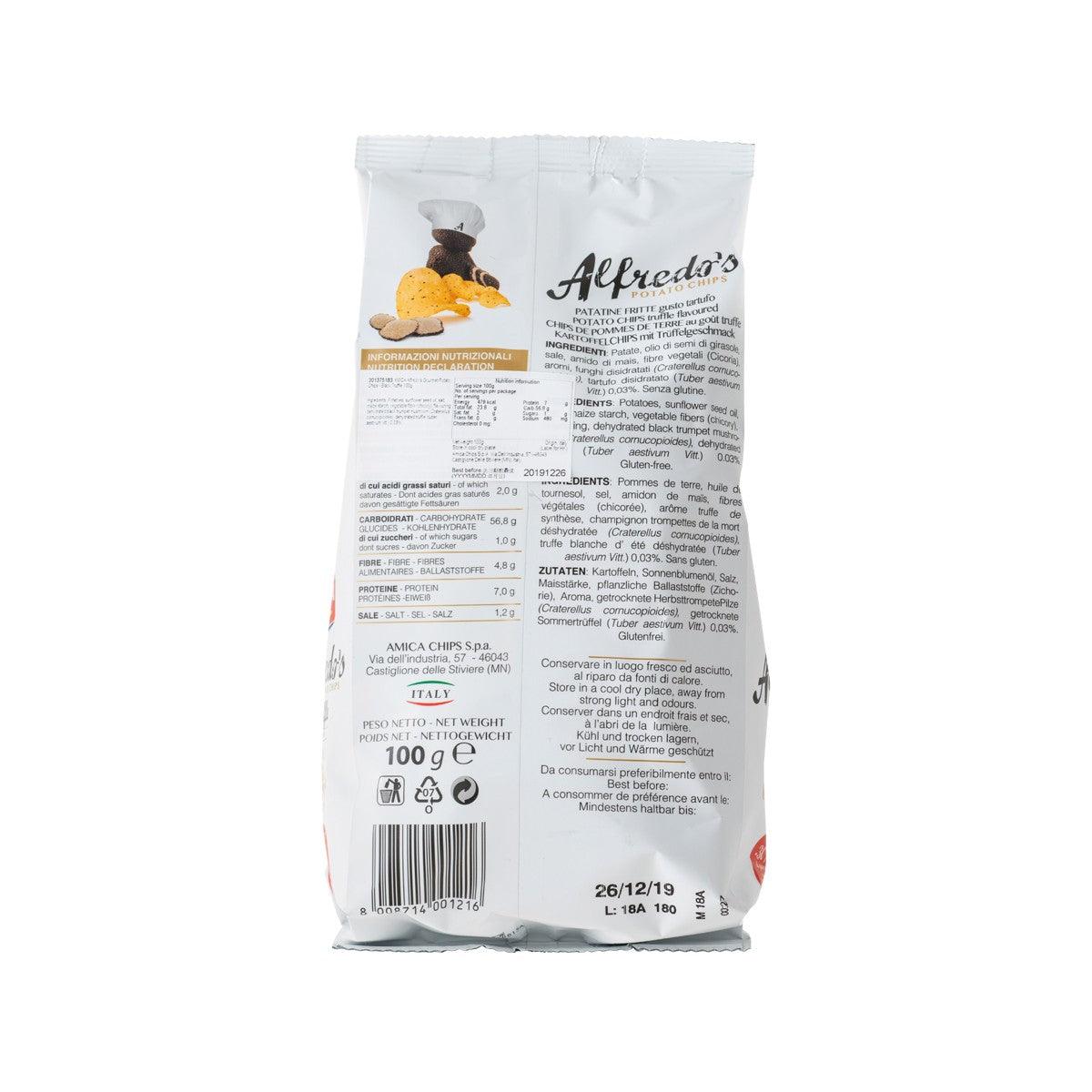 AMICA Alfredo's Truffle potato chips bag, back with ingredients and nutrition, 100g