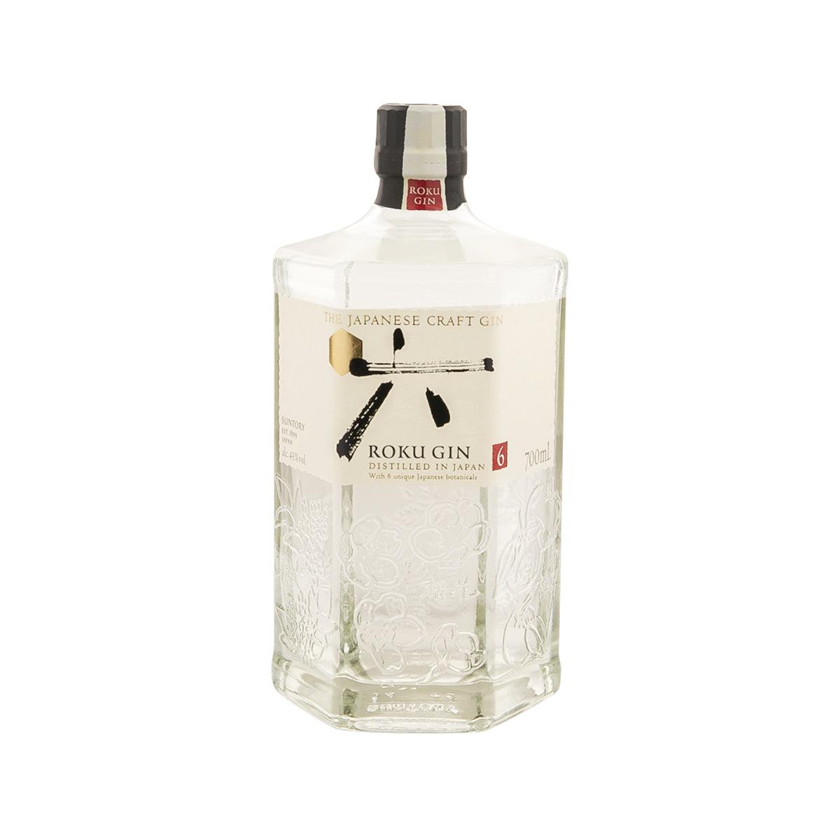 Roku Gin glass bottle, clear with black cap and front label, 700 mL