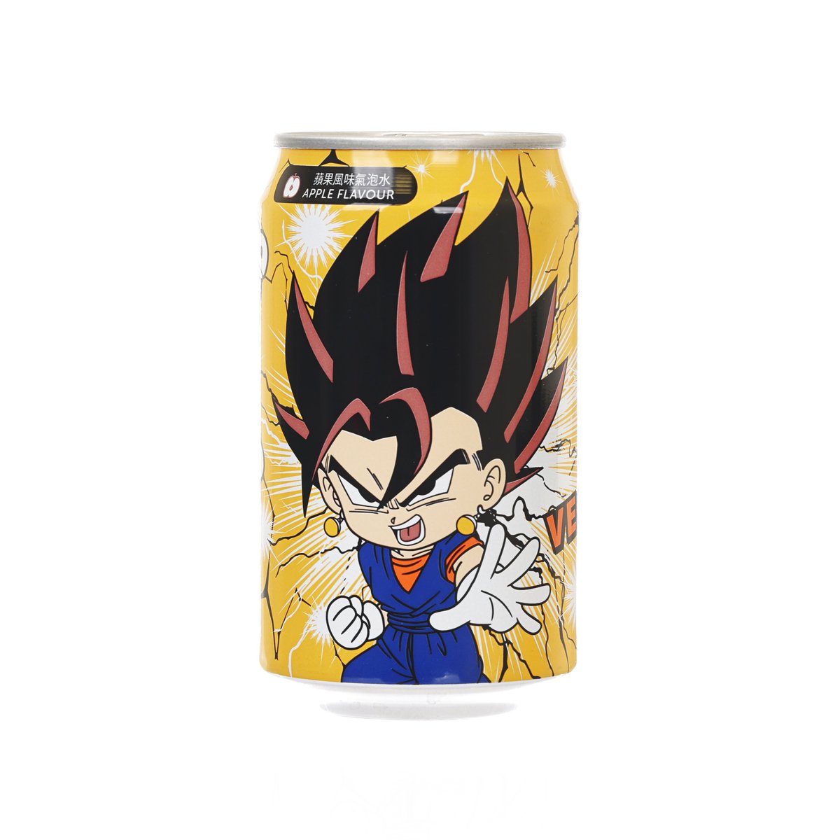 Yellow sparkling water can with anime character graphic and “apple flavour” text