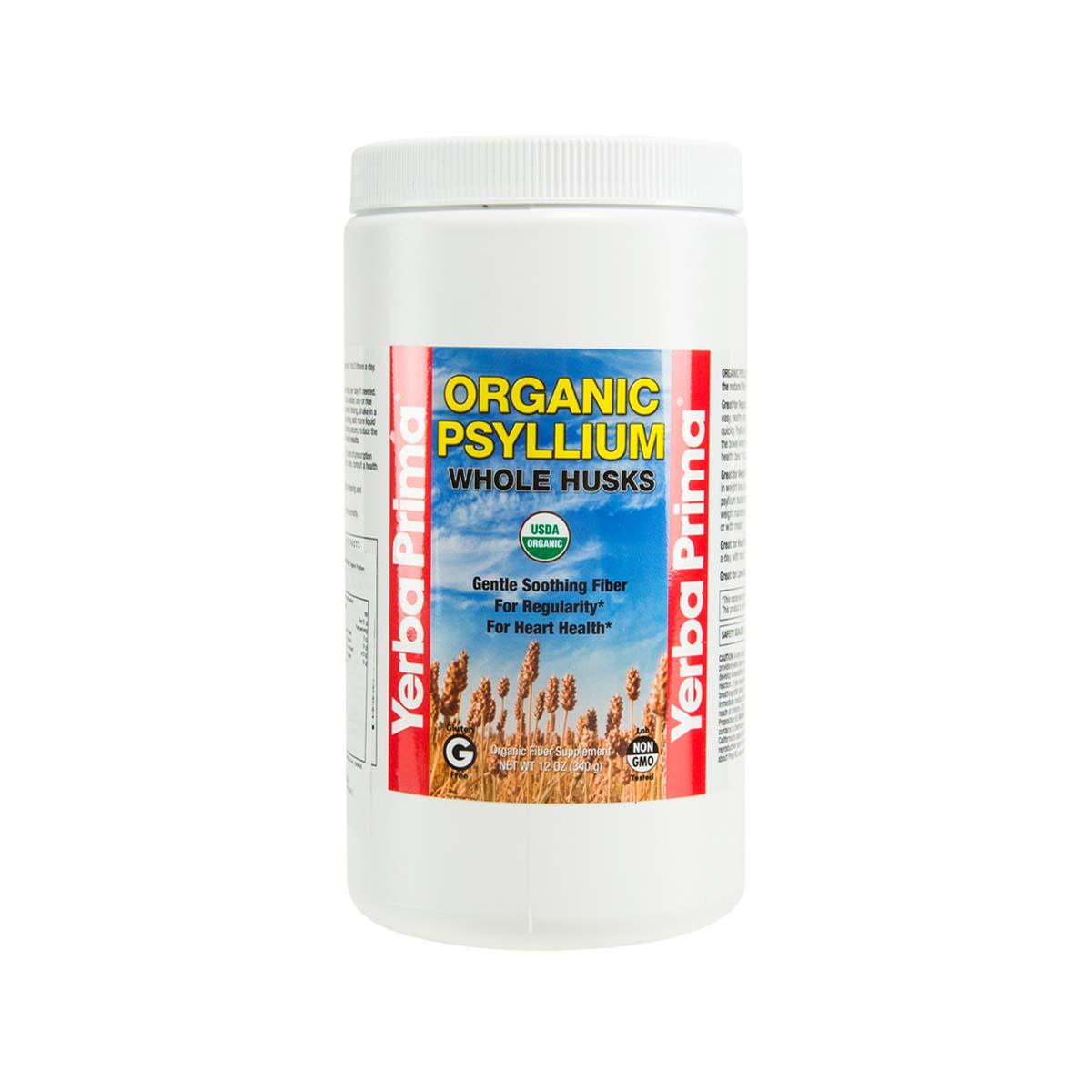 YERBA PRIMA organic psyllium whole husks jar, white plastic container