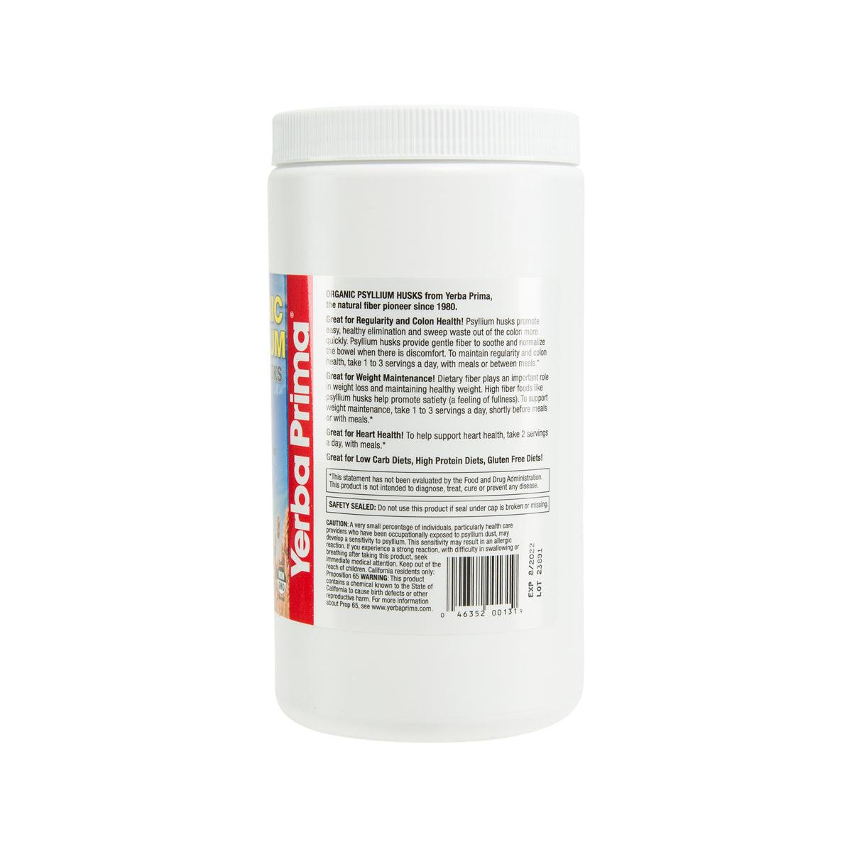 YERBA PRIMA organic psyllium whole husks jar, back label view