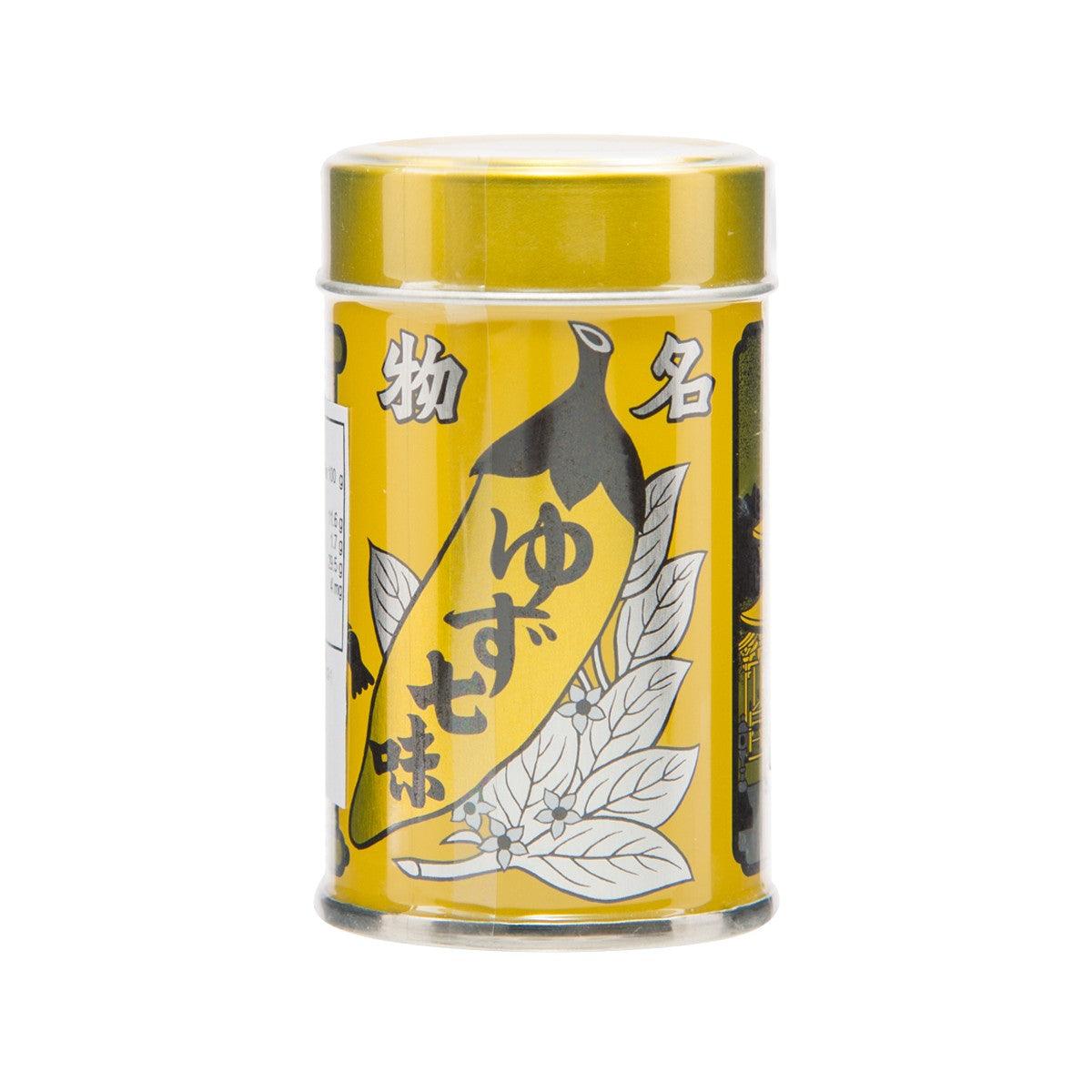 Yuzu shichimi chili powder jar with yellow label and gold lid, 12g