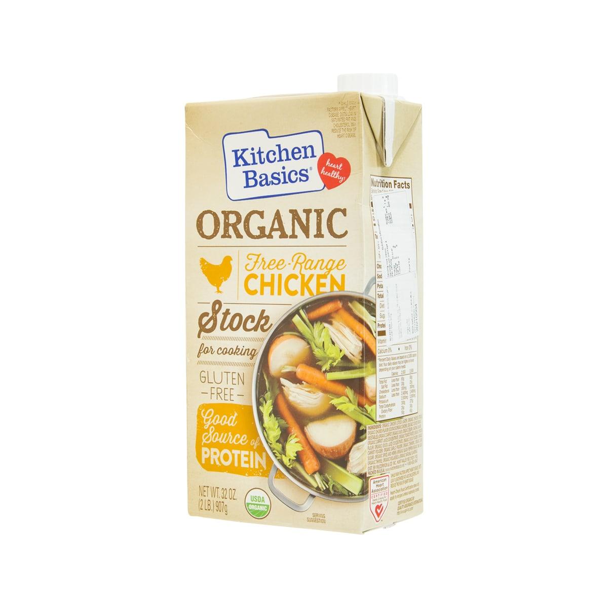Organic chicken stock carton, Kitchen Basics, side view with nutrition facts