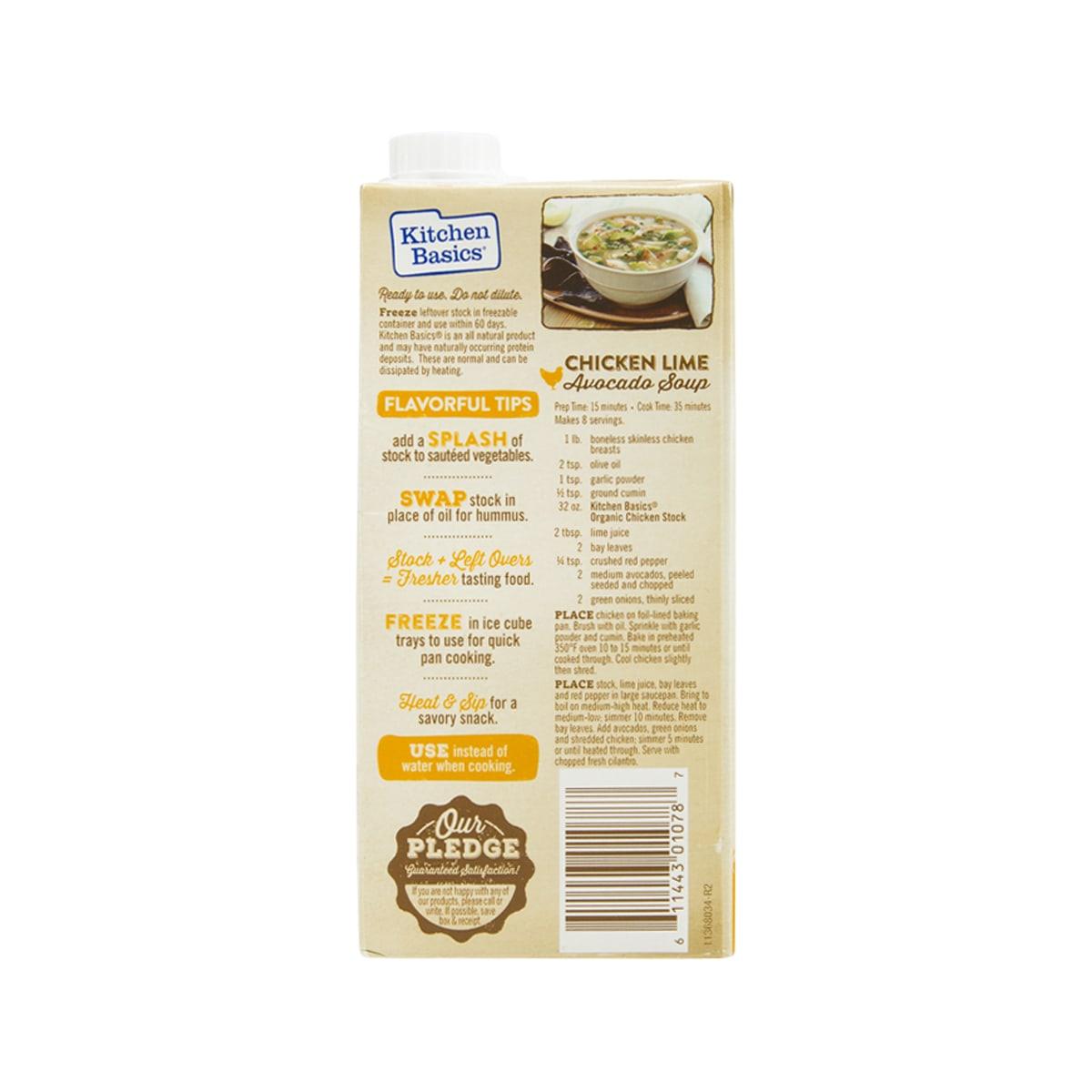 Organic chicken stock carton, Kitchen Basics, cooking tips and back label