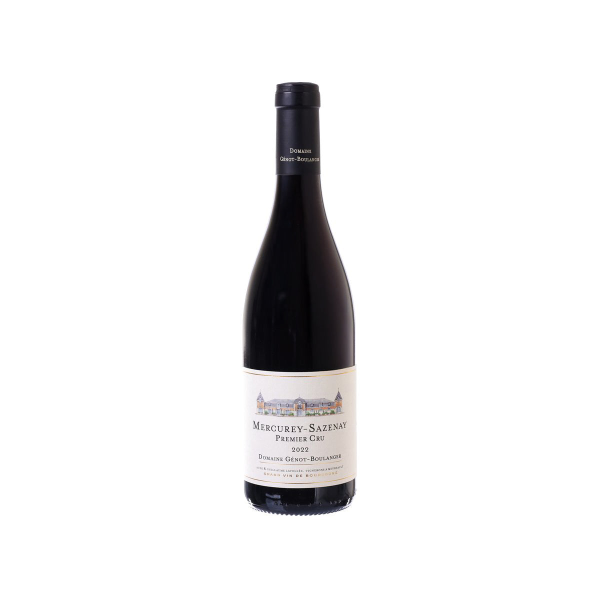 Mercurey-Sazenay 1er Cru wine bottle, dark glass with front label and cork top.
