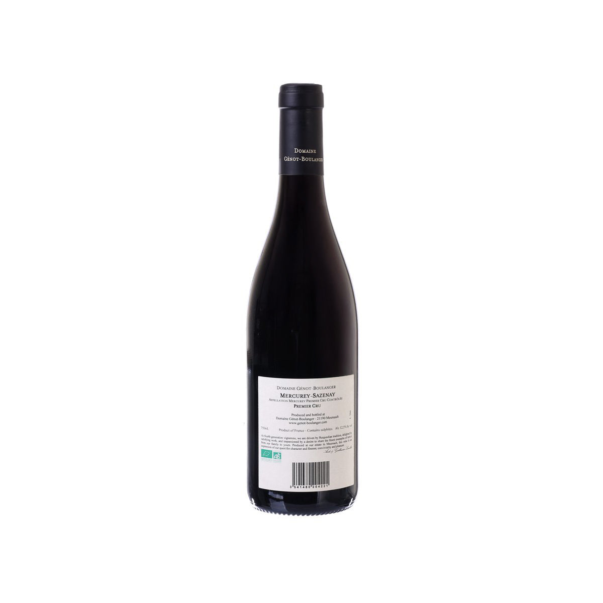 Mercurey-Sazenay 1er Cru wine bottle, dark glass with back label and barcode.