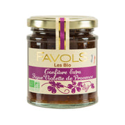 FAVOLS organic fig jam jar with gold lid and front purple label.