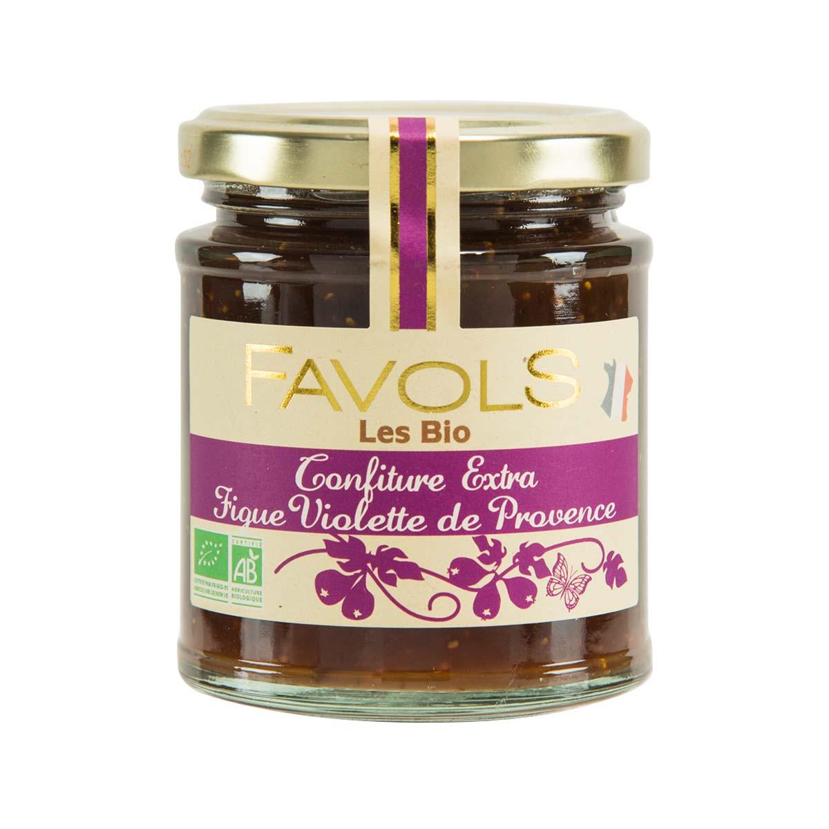 FAVOLS organic fig jam jar with gold lid and front purple label.