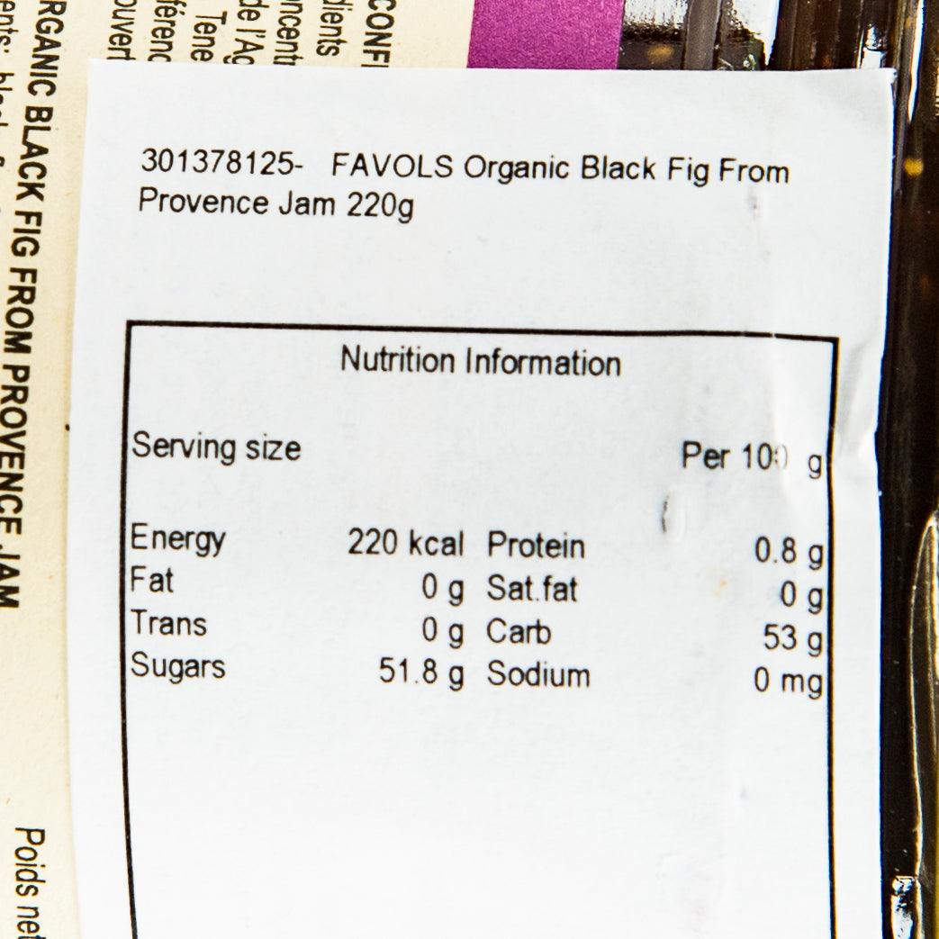 Nutrition information panel on FAVOLS organic black fig jam jar, serving size chart.