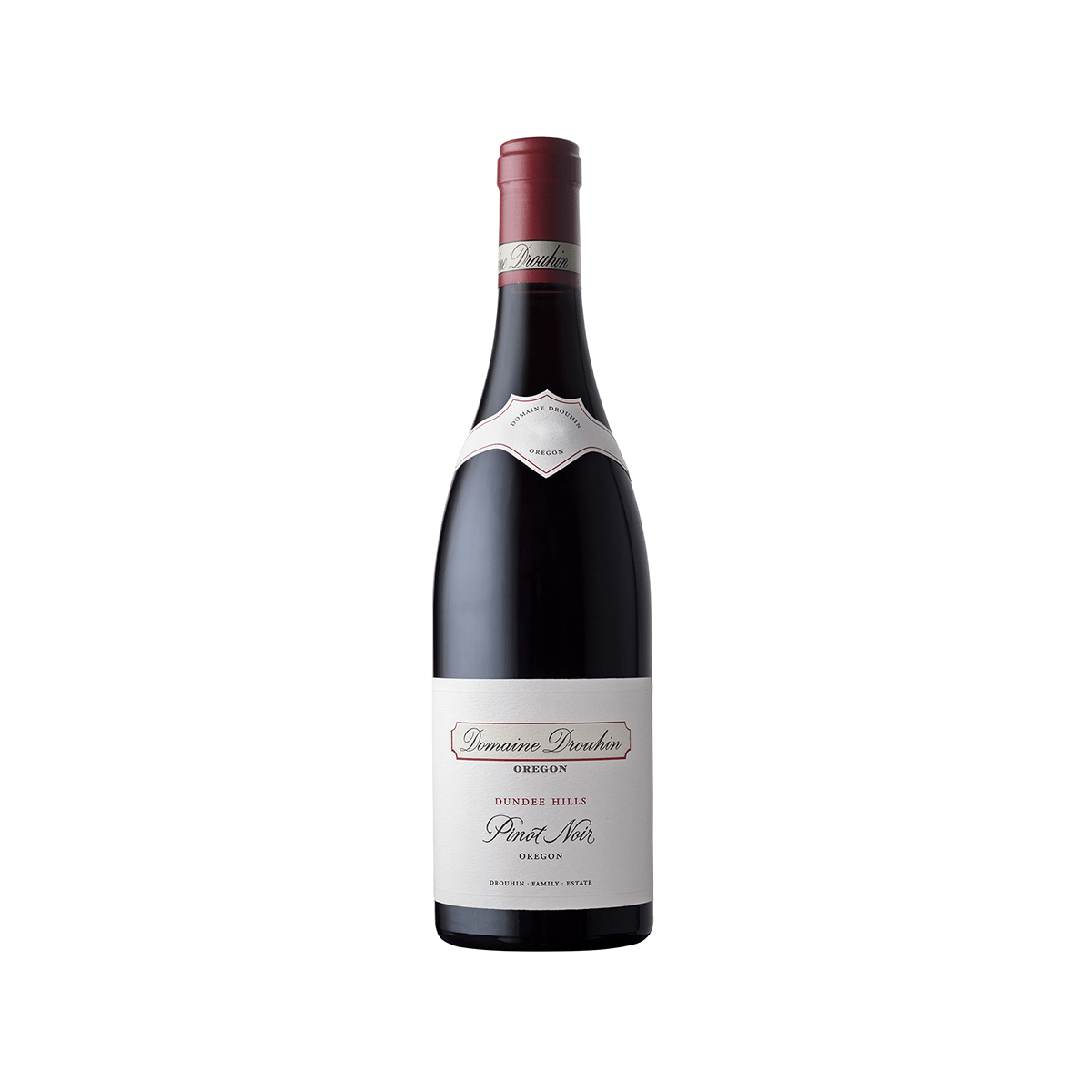 DOMAINE DROUHIN Pinot Noir wine bottle with dark red label and red foil cap