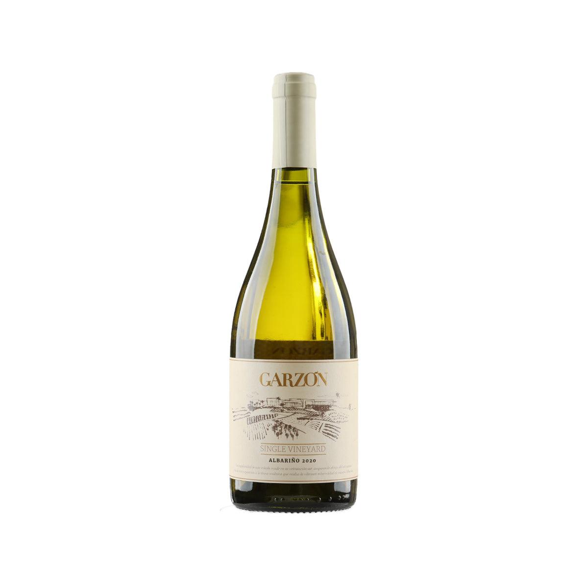White wine bottle with GARZON front label, cork top, clear green glass
