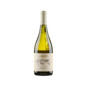White wine bottle with GARZON front label, cork top, clear green glass
