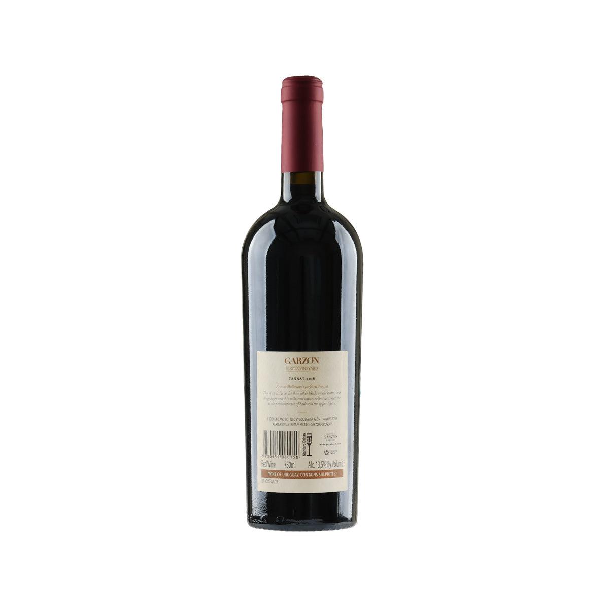 GARZON Tannat single vineyard wine bottle with burgundy cap, back label